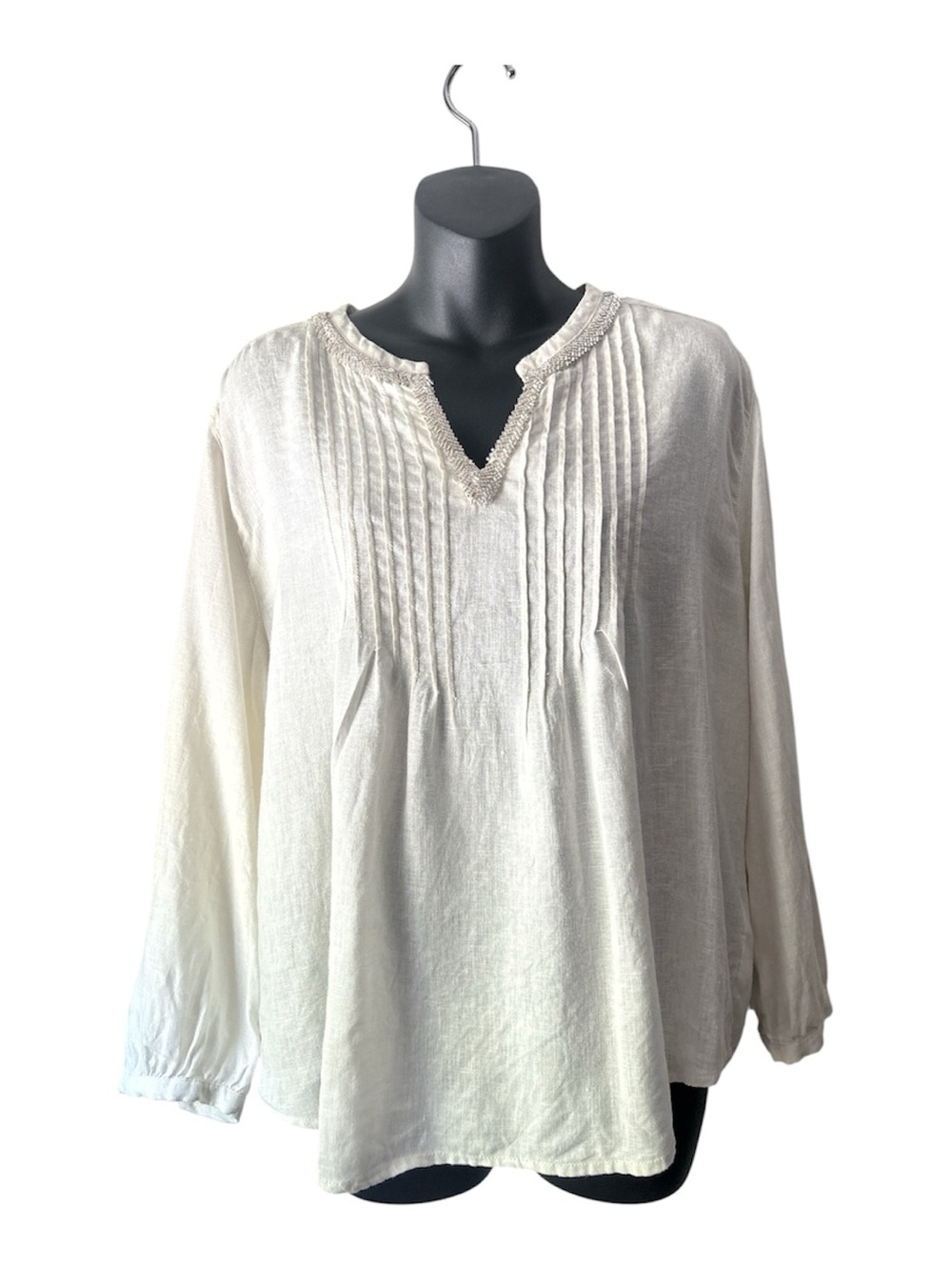 Calypso St. Barth Cream Pintuck V-Neck Beaded Linen Tunic Size L